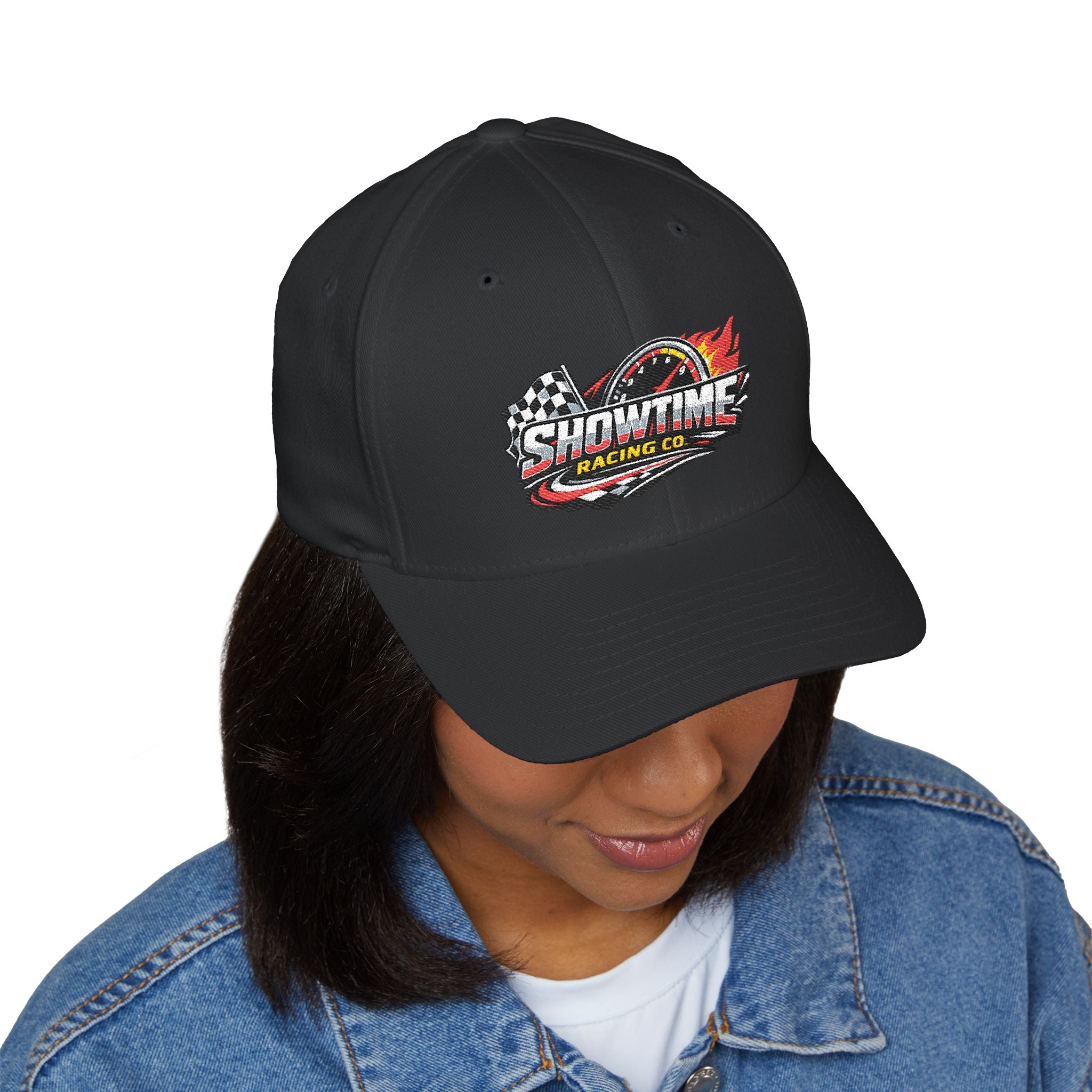 Racing Logo Embroidered Cap – "Showtime Racing Co." Flame & Checkered Flag Hat