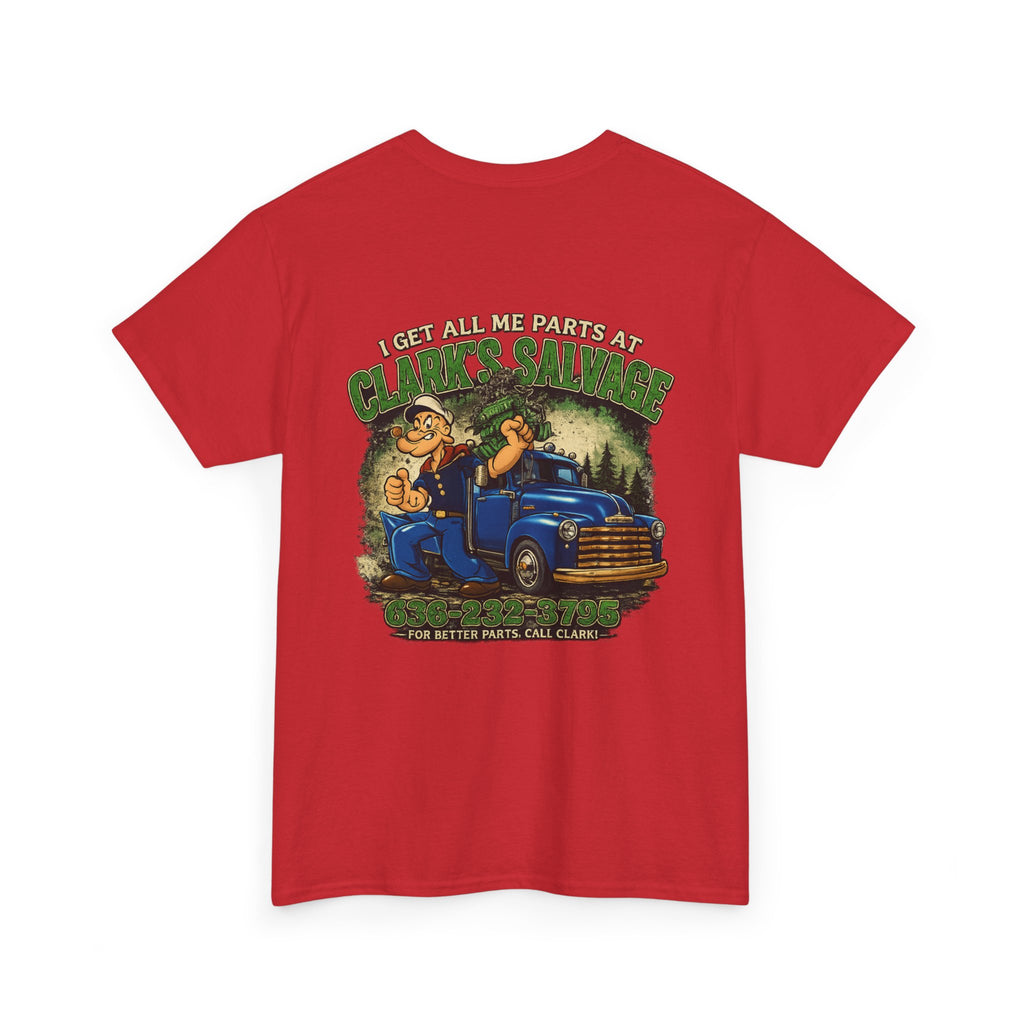 Clarks Salvage T-Shirt — "I Get All Me Parts at Clark's Salvage" Retro Pickup Truck Design
