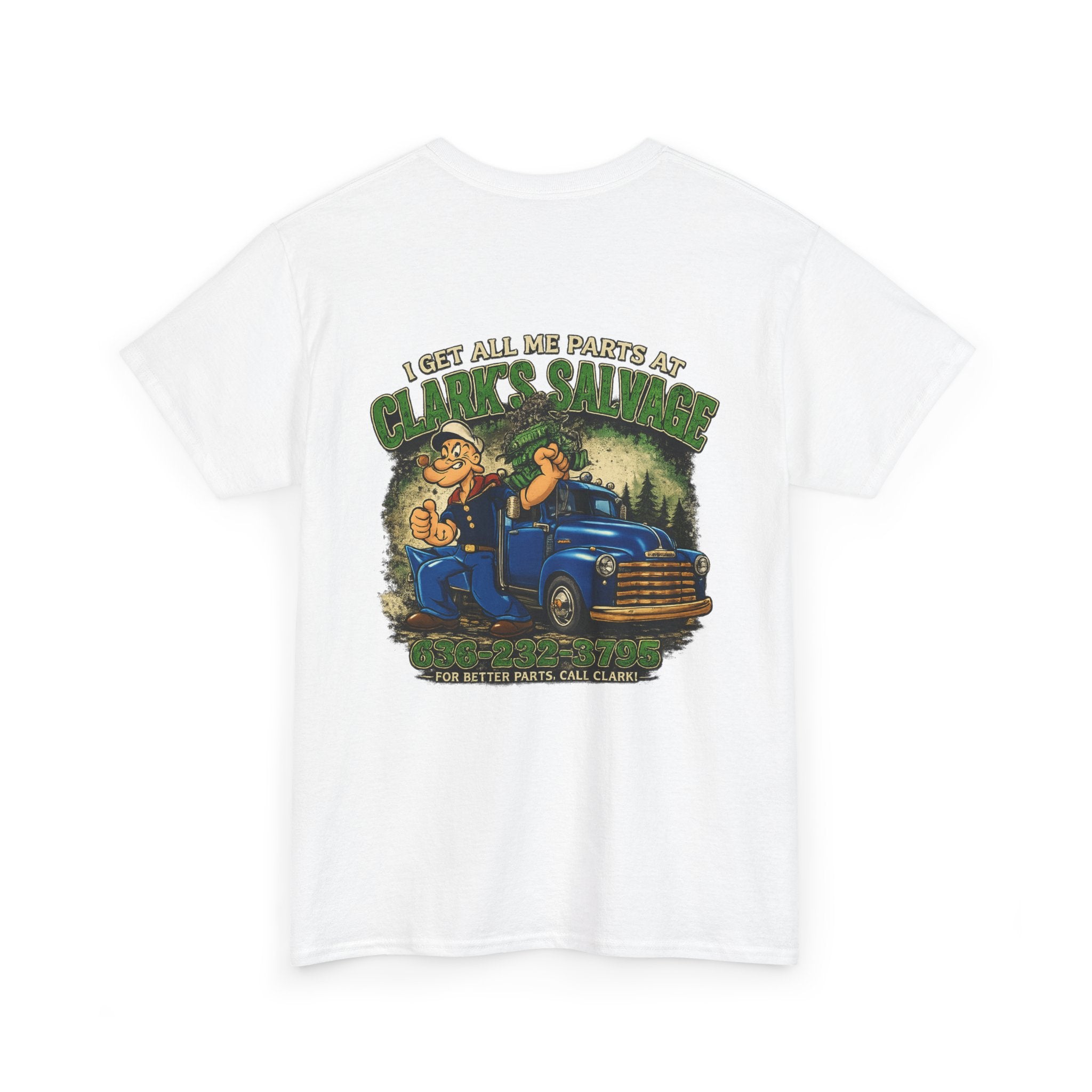 Clarks Salvage T-Shirt — "I Get All Me Parts at Clark's Salvage" Retro Pickup Truck Design