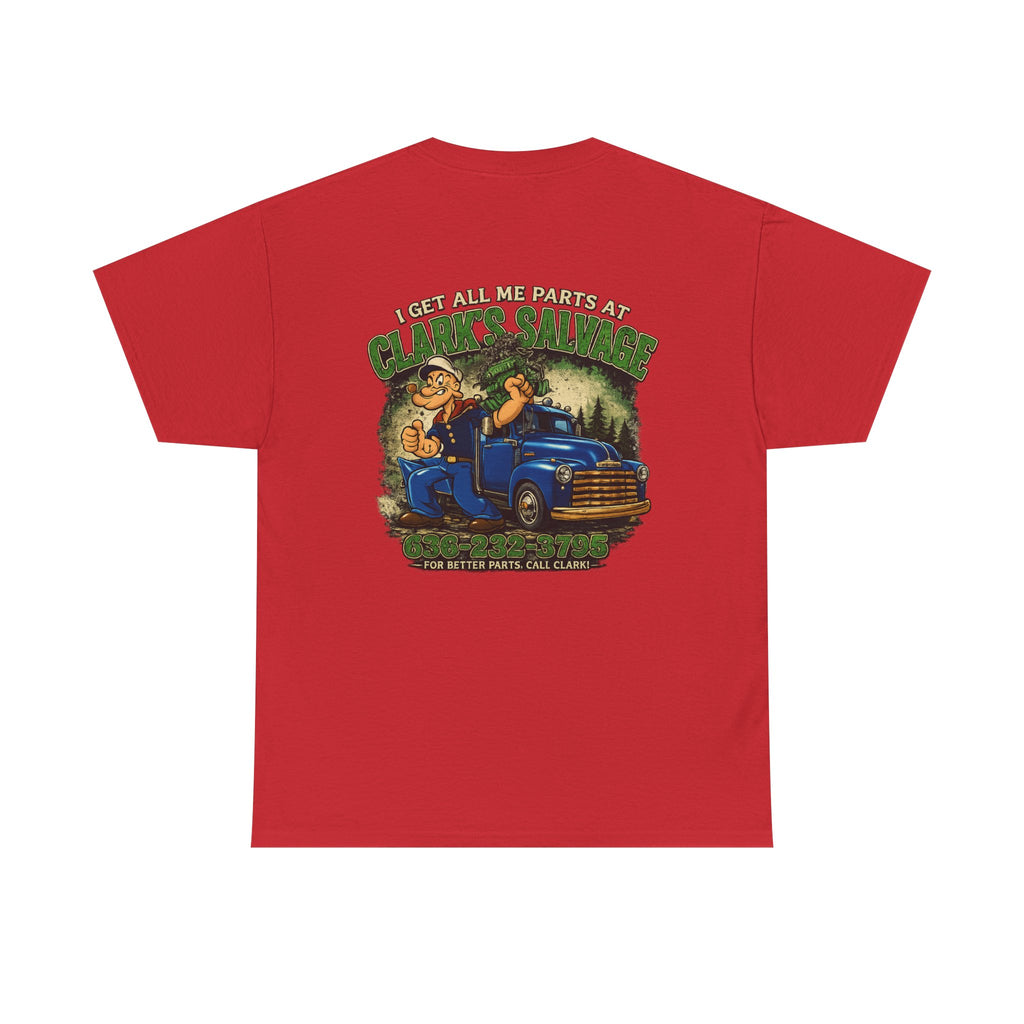 Clarks Salvage T-Shirt — "I Get All Me Parts at Clark's Salvage" Retro Pickup Truck Design