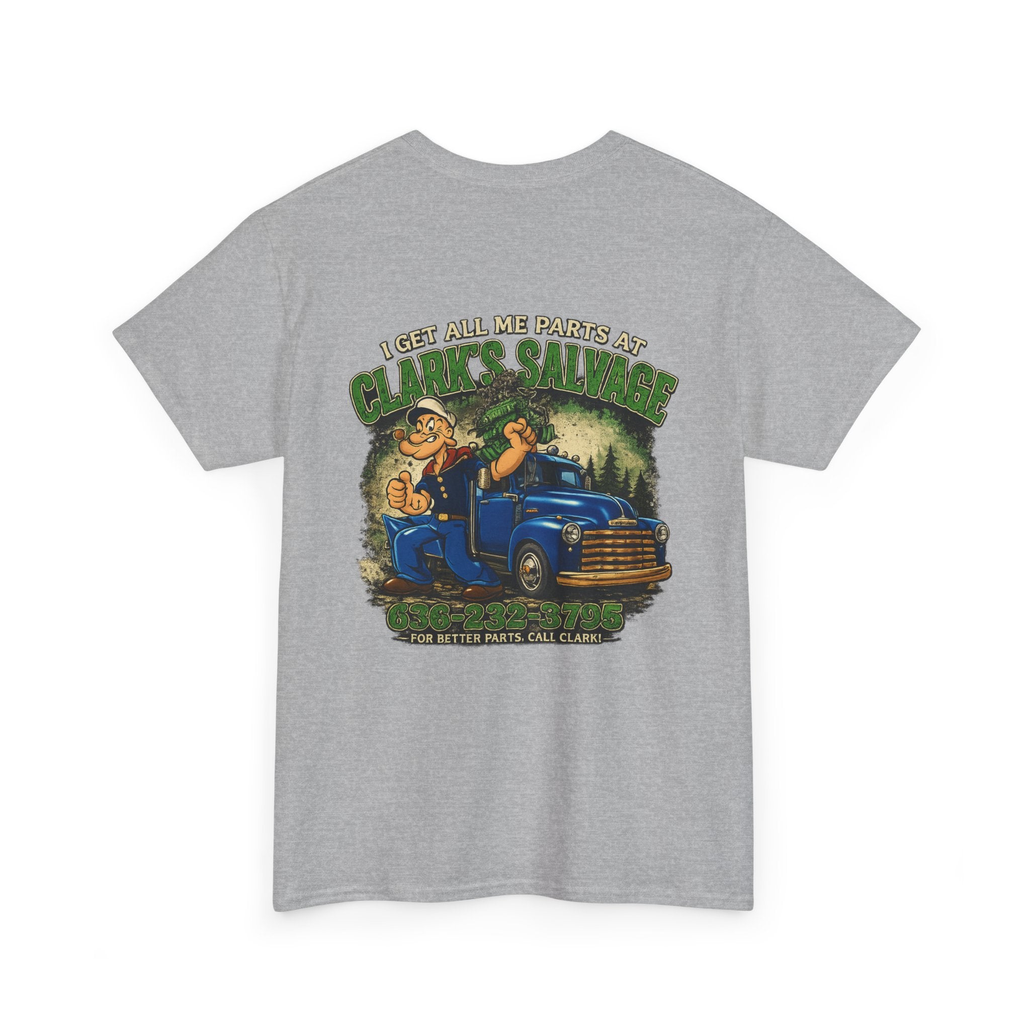 Clarks Salvage T-Shirt — "I Get All Me Parts at Clark's Salvage" Retro Pickup Truck Design