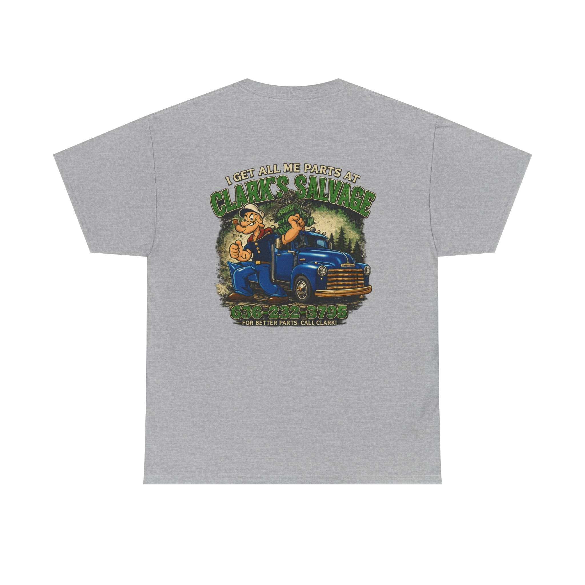 Clarks Salvage T-Shirt — "I Get All Me Parts at Clark's Salvage" Retro Pickup Truck Design
