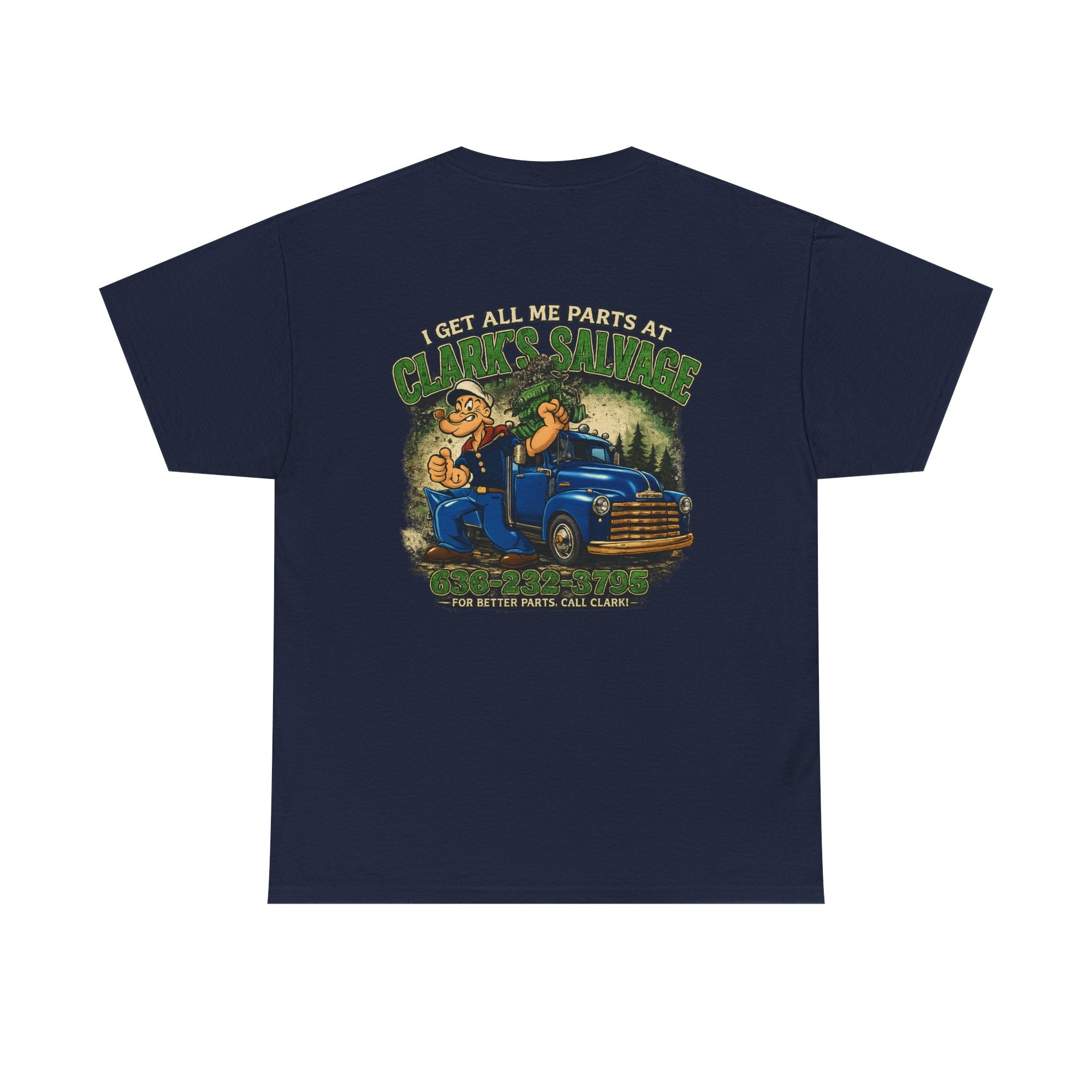 Clarks Salvage T-Shirt — "I Get All Me Parts at Clark's Salvage" Retro Pickup Truck Design