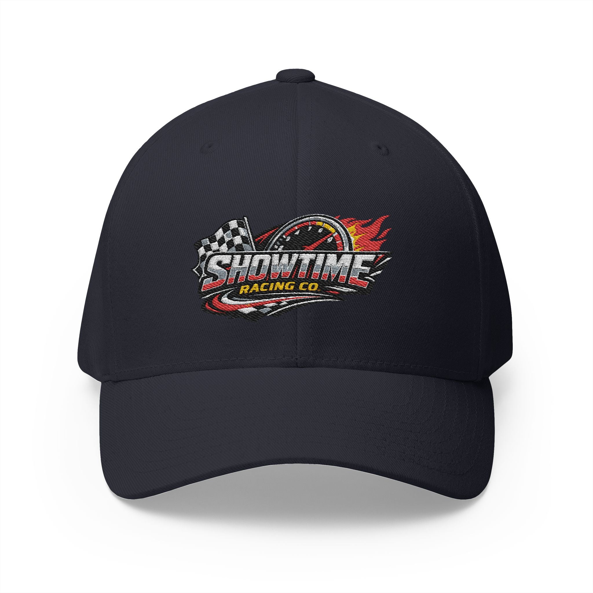 Racing Logo Embroidered Cap – "Showtime Racing Co." Flame & Checkered Flag Hat