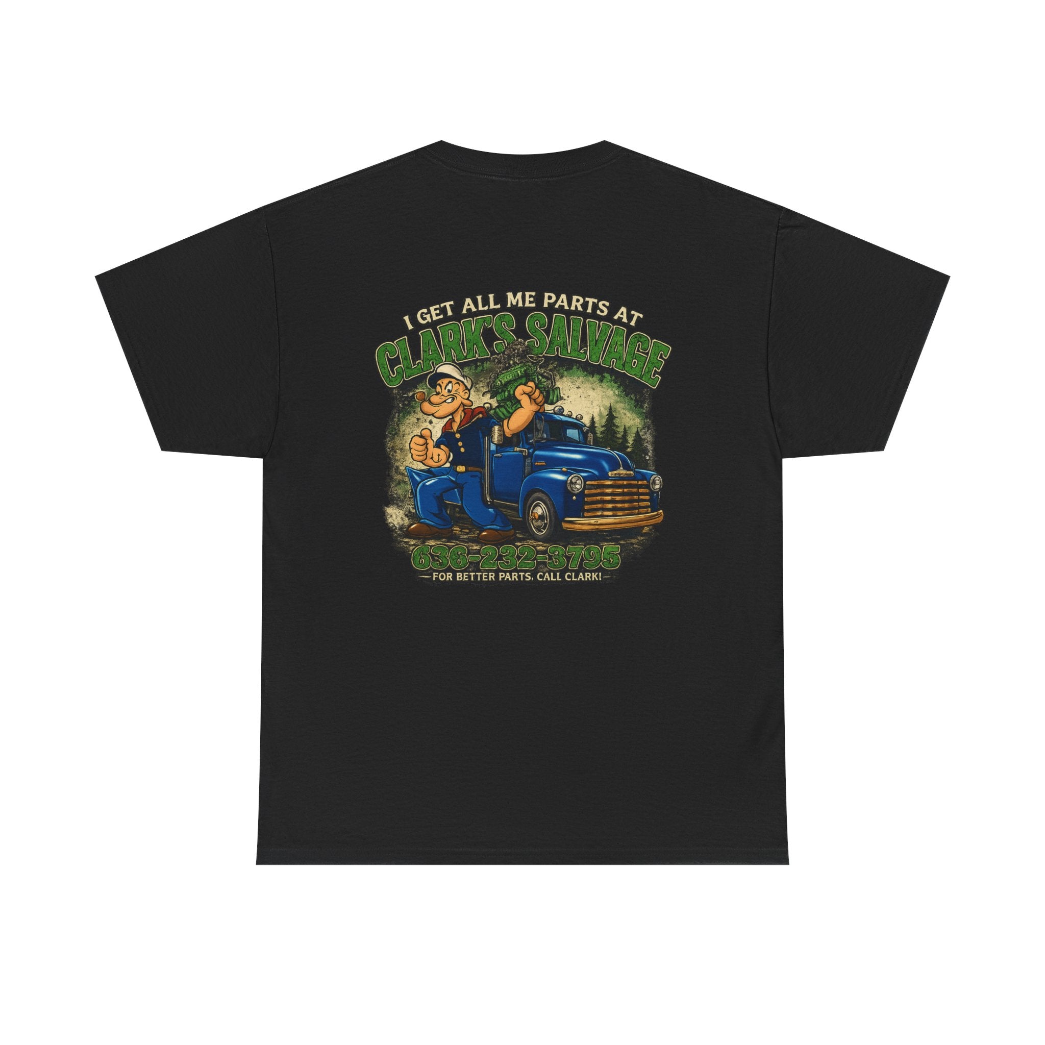 Clarks Salvage T-Shirt — "I Get All Me Parts at Clark's Salvage" Retro Pickup Truck Design