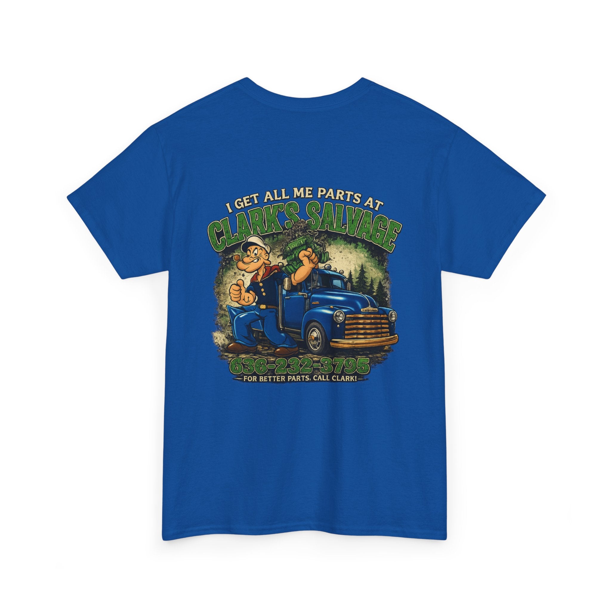 Clarks Salvage T-Shirt — "I Get All Me Parts at Clark's Salvage" Retro Pickup Truck Design